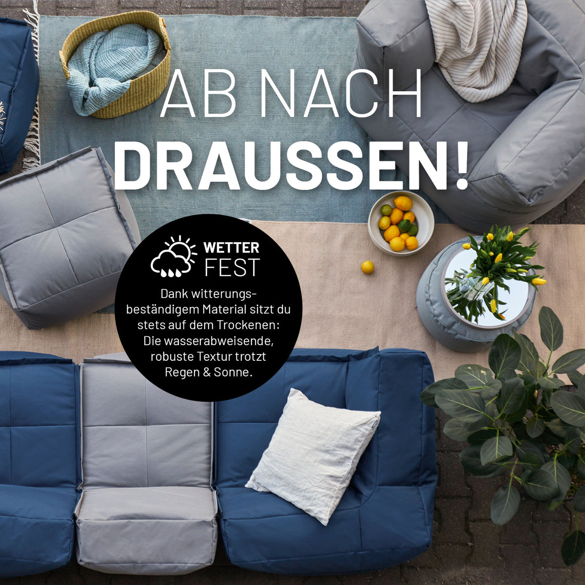 Modulares Lounge Set (2-tlg.) - Modulares System in Navyblau, wetterfest, indoor & outdoor, mit abwischbaren Bezügen und EPS-Füllung.
