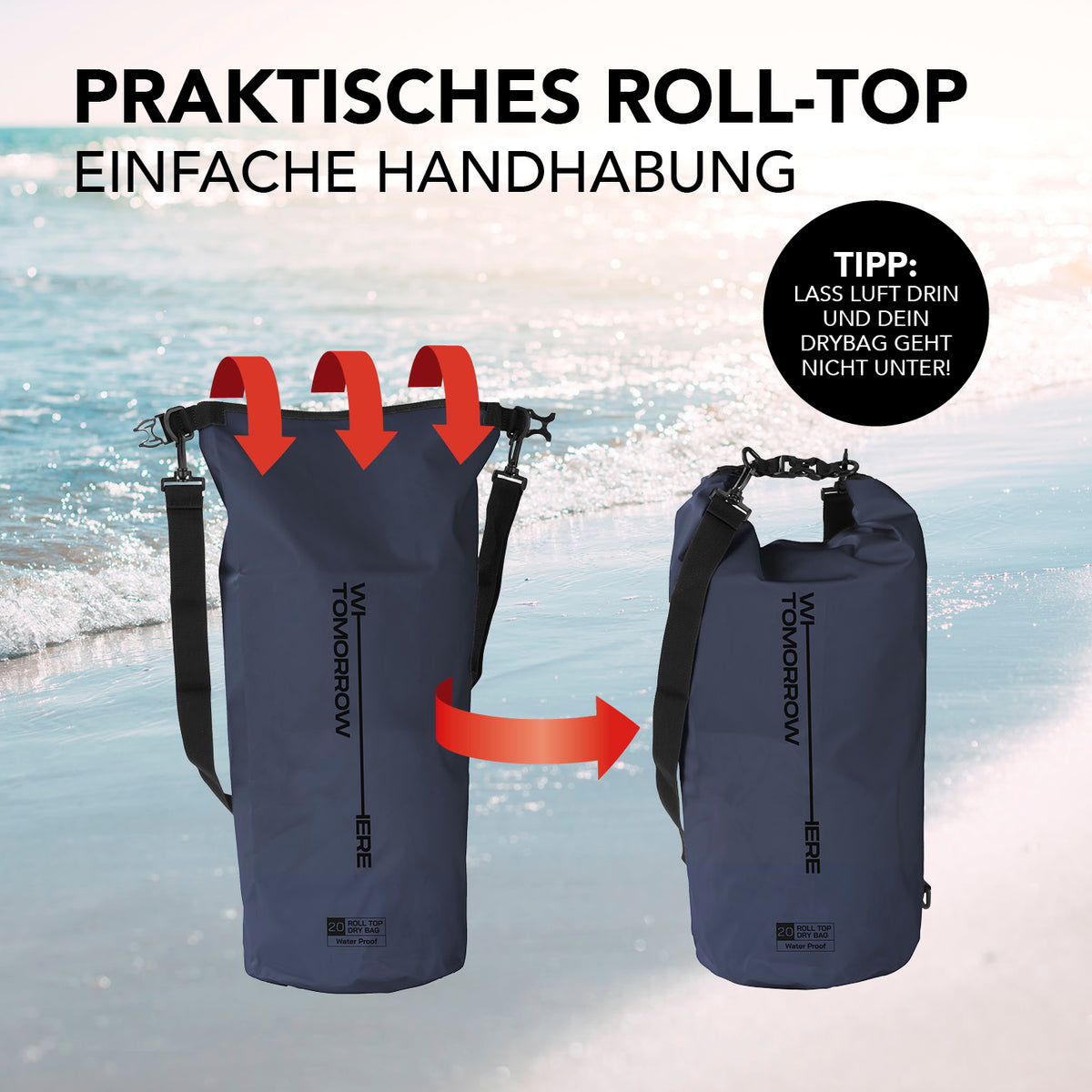 Dry Bag 20L - Style 02 - Dunkelblau mit wasserdichtem Rolltop-Verschluss für optimalen Schutz bei Outdoor-Aktivitäten.