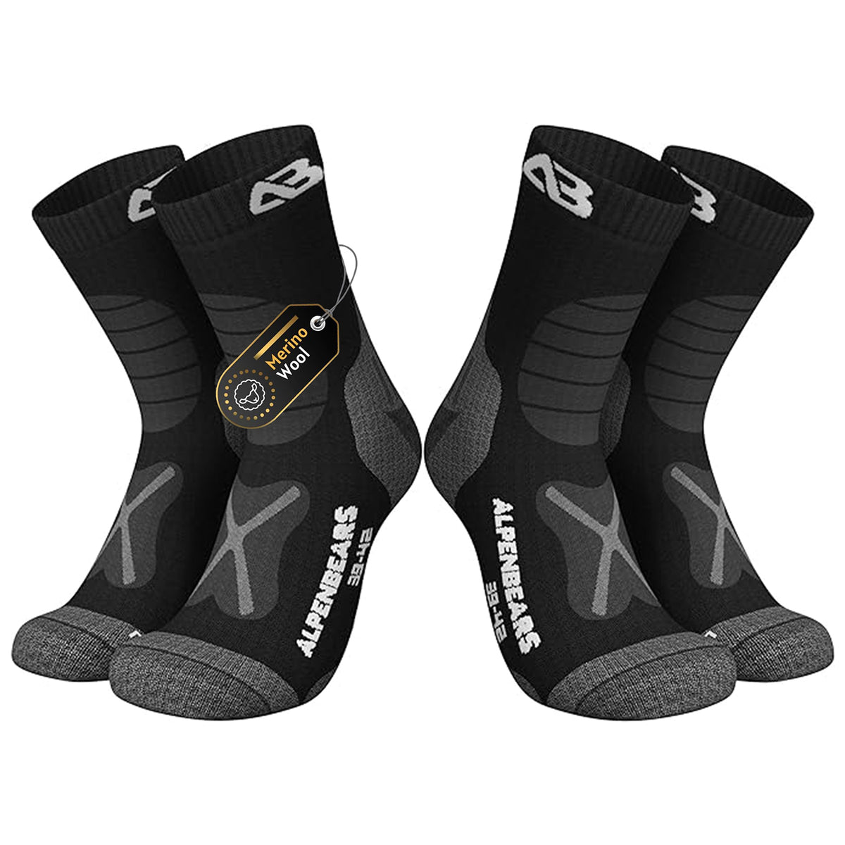 Wandersocken Merinowolle - 2er-Set - Schwarz - Größe 31-34 für warme, trockene Füße mit Blasenschutz und Feuchtigkeitsregulierung.