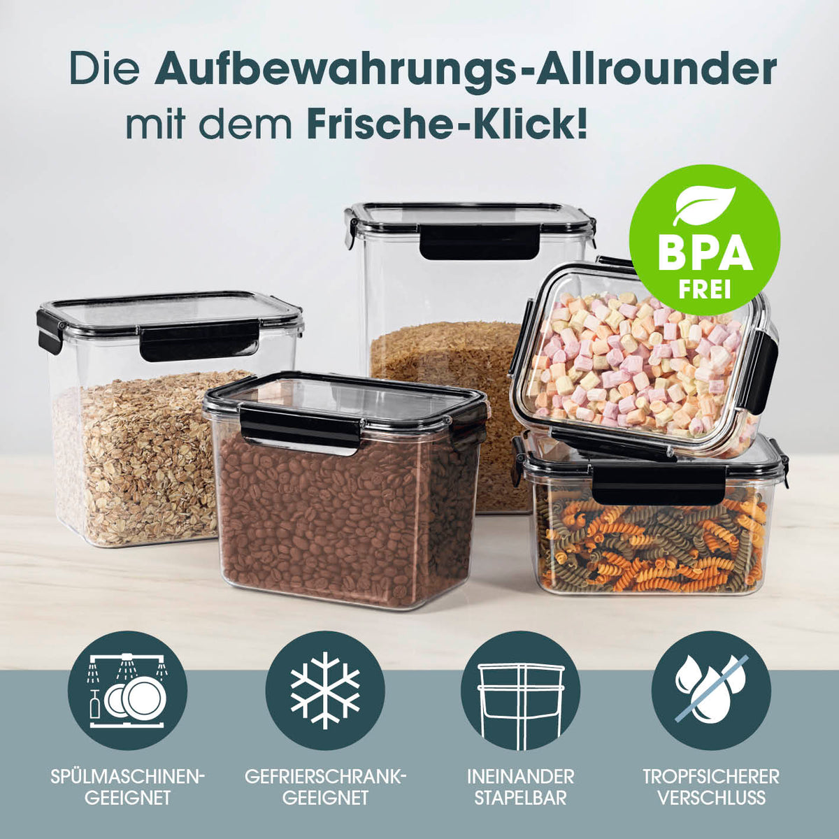 Frischhaltedosen Klick-it - 10-tlg. Schwarz, stapelbar, spülmaschinen- und gefrierschrankgeeignet, aromafrisch durch 4-fach-Klick-Verschluss.