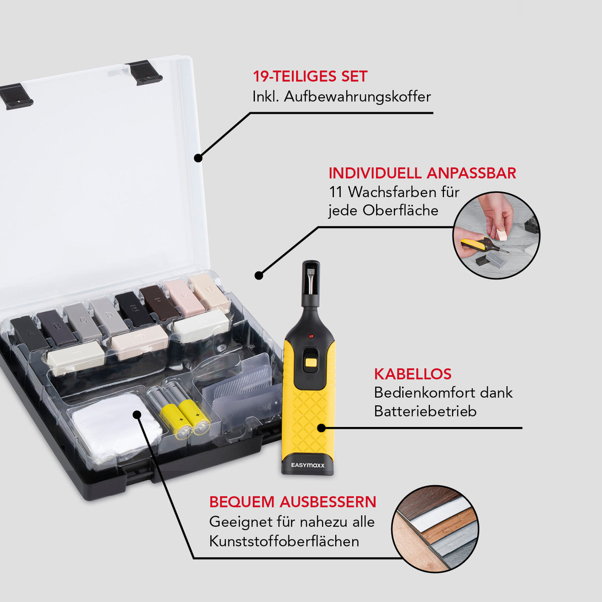 PVC- & Vinyl-Reparaturset - 19 -tlg. mit 11 Wachsfarben, batteriebetrieben, kabellos, für PVC-, Vinyl- und Kunststoffoberflächen.