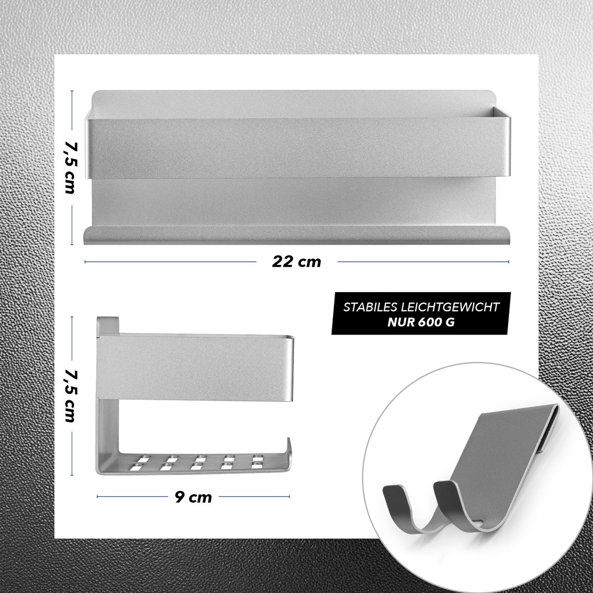 Dusch-Organizer zum Kleben oder Bohren - 2er-Set - Silber, langlebig, rostfrei, platzsparend mit Hakenleiste und optimalem Wasserablauf.