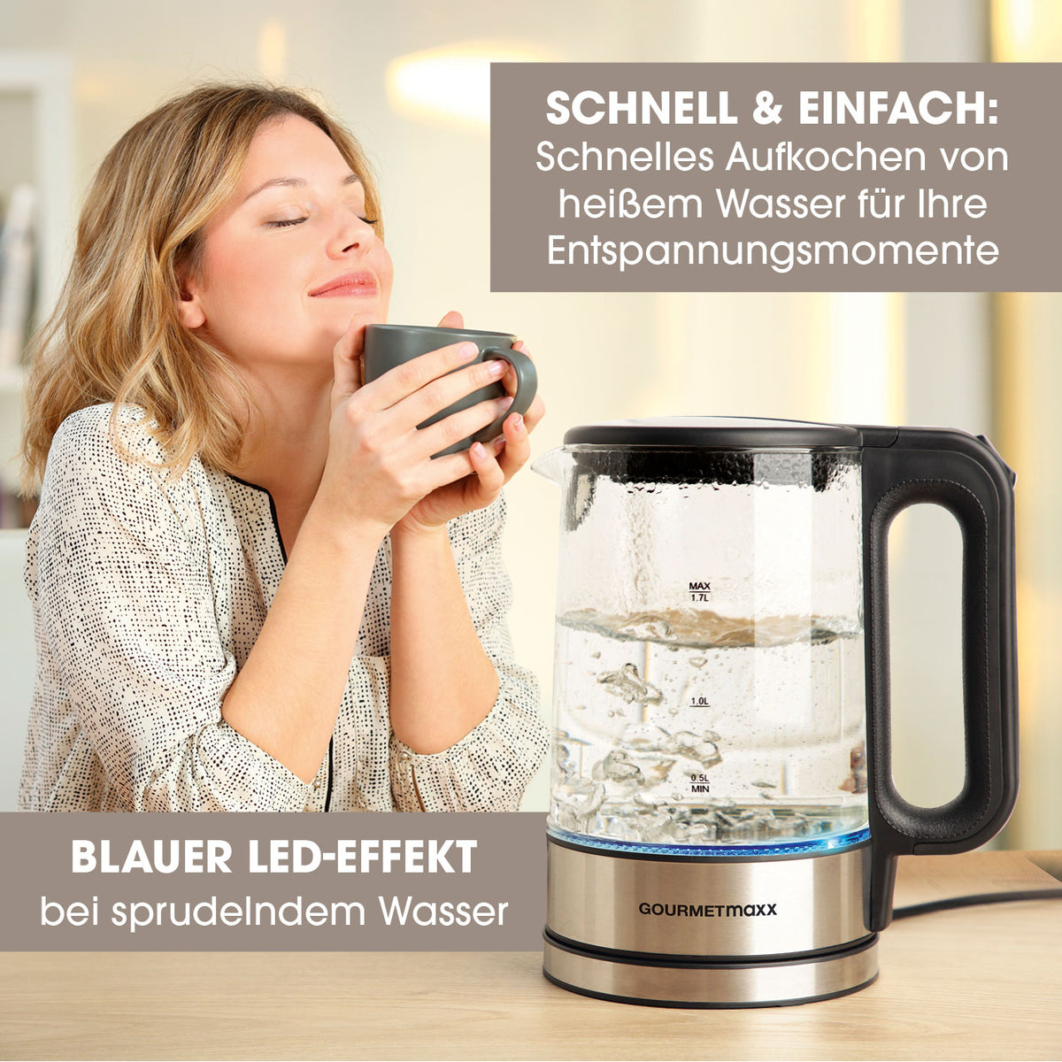 Glas-Wasserkocher LED 1,7l Edelstahl/schwarz mit Wasserstandsanzeige, kabellos, 360° drehbarer Sockel und blauem LED-Effekt beim Kochen.