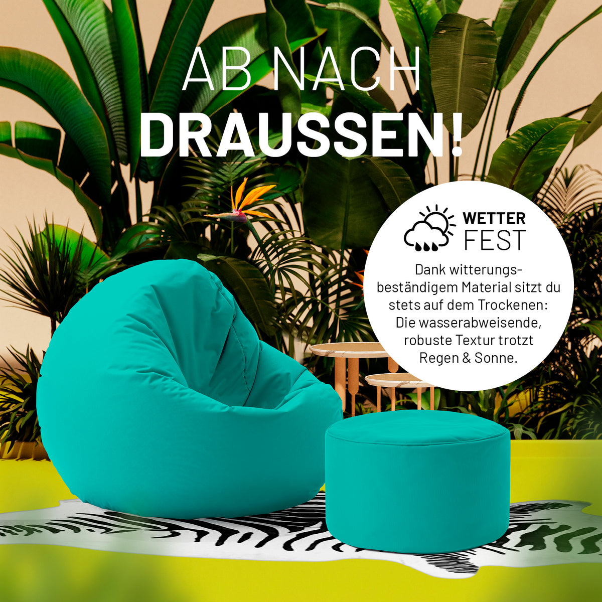 Sitzsack-Hocker/Pouf (50 L) Türkis, wetterfest, indoor & outdoor, leicht, robust mit abperlend wasserabweisendem Material.