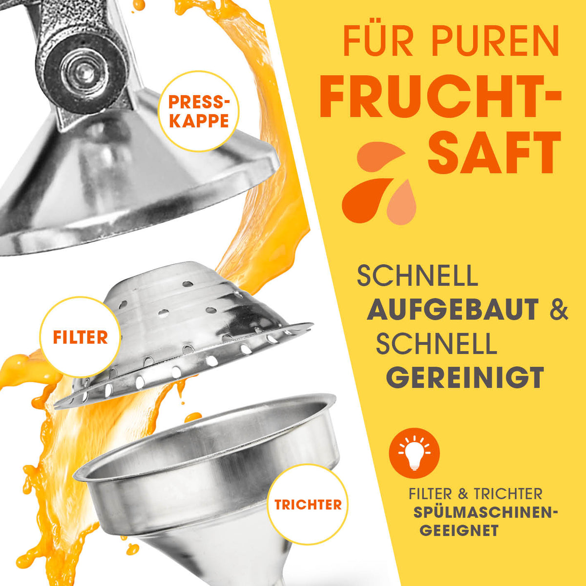 Manuelle Saftpresse - Silber mit Presskappe, Filter und Trichter, spülmaschinenfest und leicht zu reinigen für reinen Fruchtsaft.