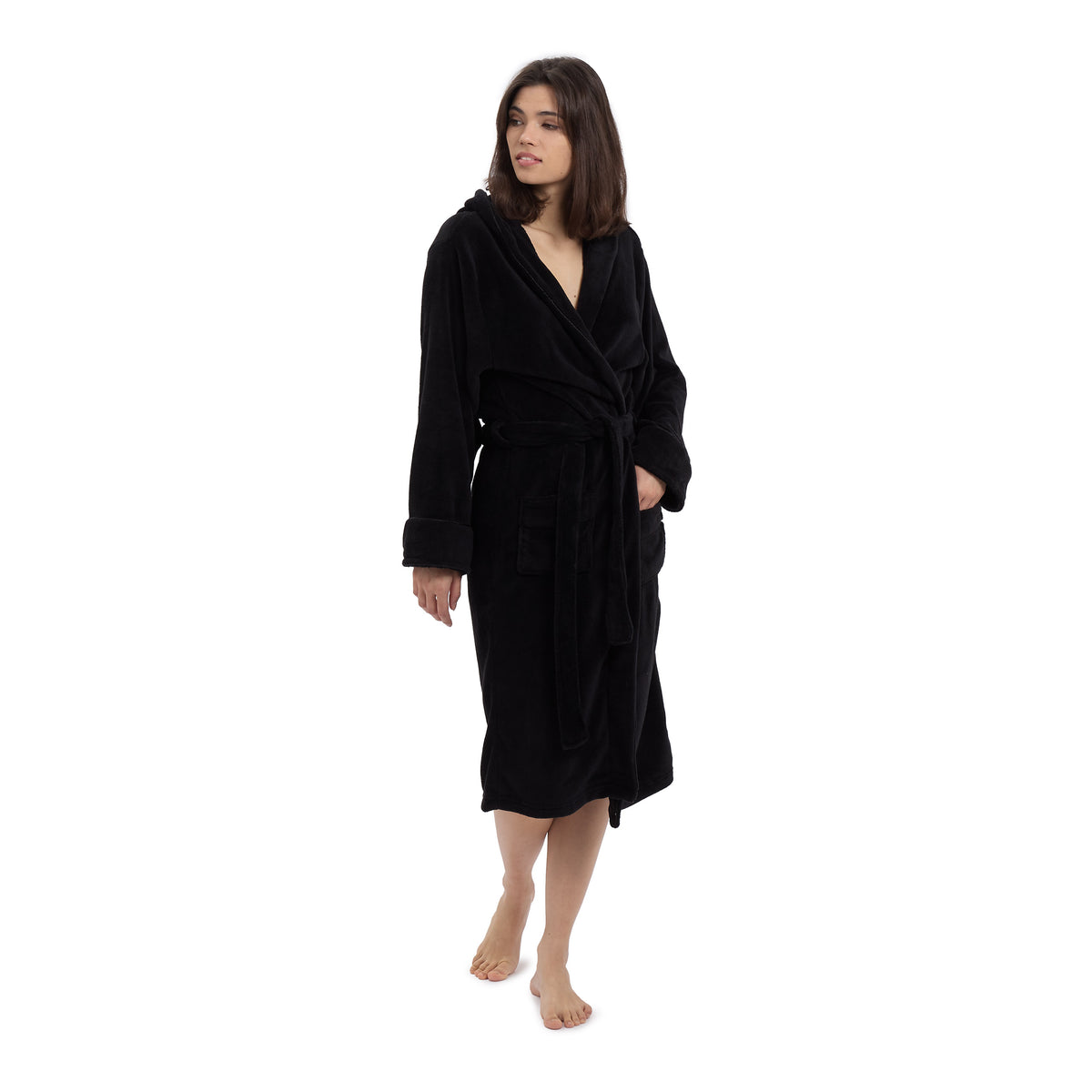Luxury Mikrofaser Bademantel mit Kapuze für Damen und Herren in Schwarz, Größe XXL, flauschig, bequem und schnelltrocknend.