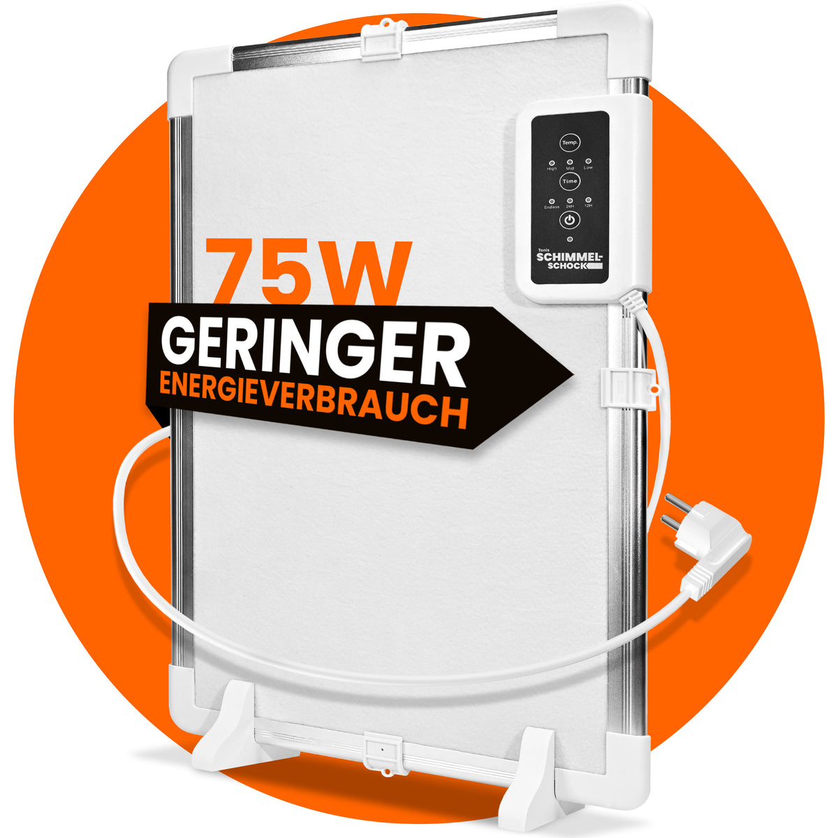 Anti-Schimmelheizung von Tonis mit 75 Watt, geringem Energieverbrauch und einstellbarem Thermostat zur effektiven Schimmelbekämpfung.