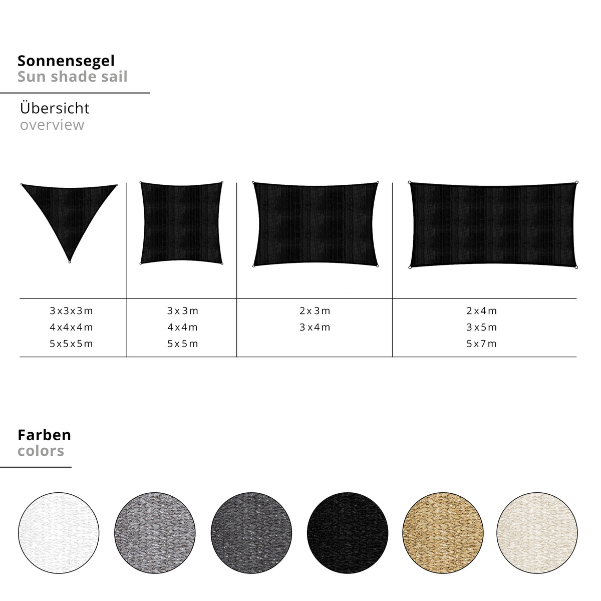 Sonnensegel 100% HDPE mit Stabilisator für UV-Schutz - Quadrat 5 x 5 Meter - Creme, robust und reißfest mit UV-Schutzfaktor 30+