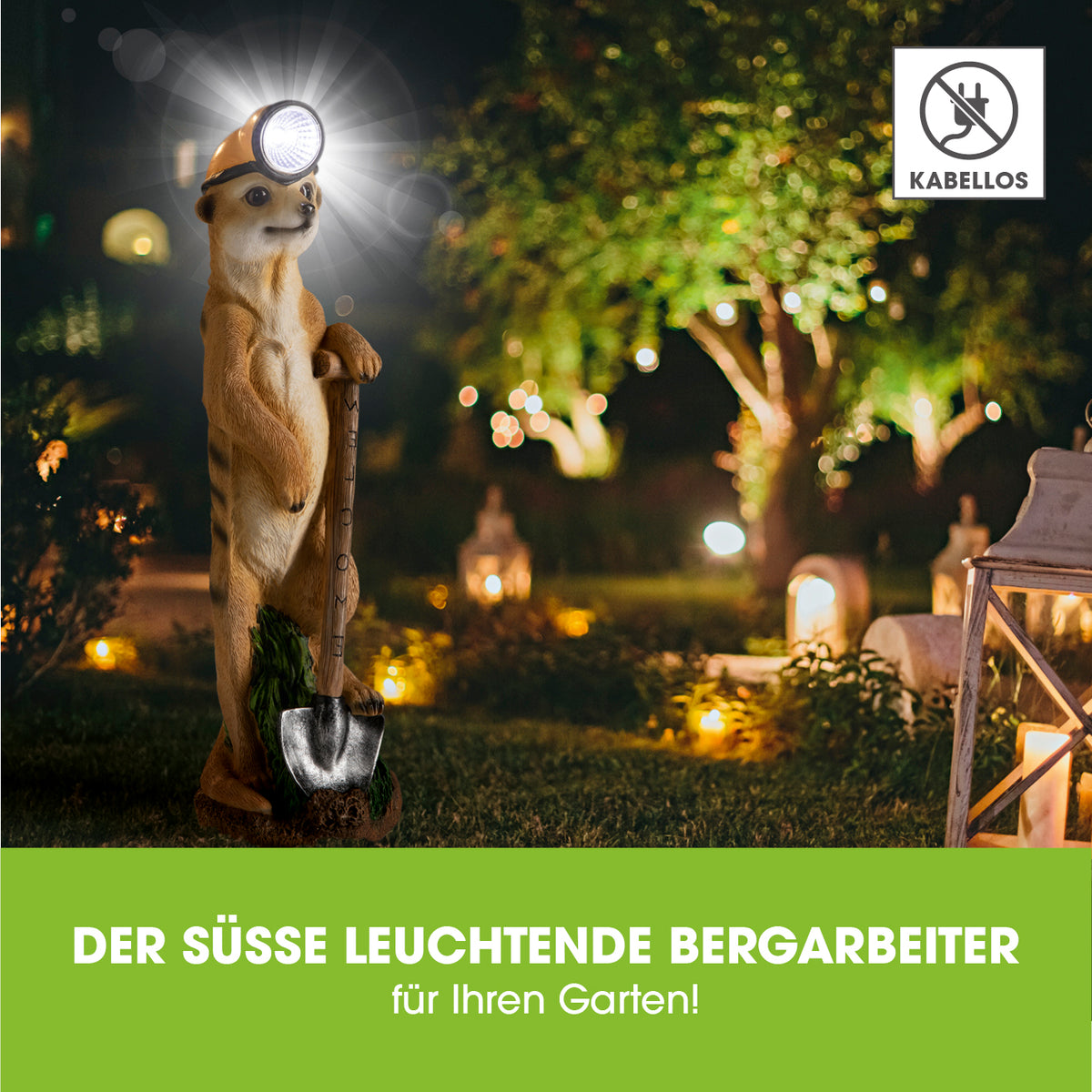 Solarleuchte Erdmännchen als Bergarbeiter mit LED-Kopflampe, solarbetrieben, schaltet bei Dämmerung automatisch ein.