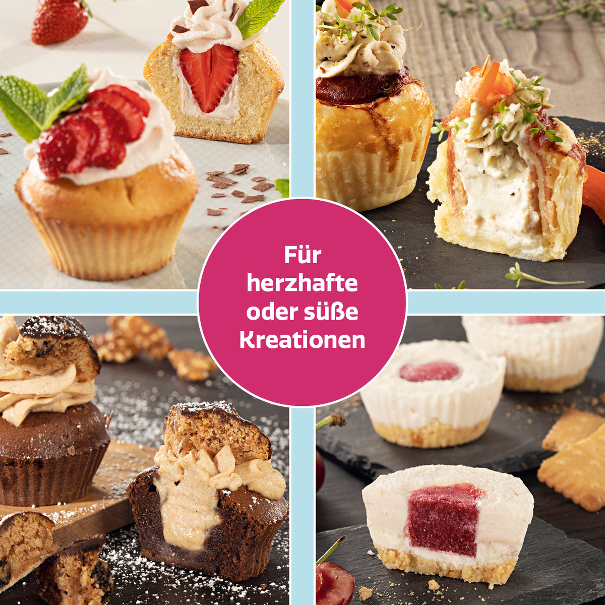 Silikon-Backförmchen - 12er-Set zeigt Kuchen mit perfekt geformten Löchern für süße und herzhafte Füllungen.
