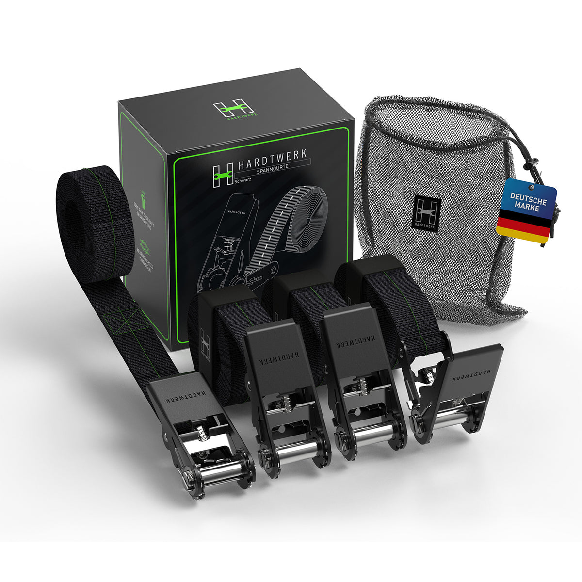 Spanngurte mit Ratschen - 4er-Set - Schwarz mit robustem Ratschenmechanismus, Tragetasche und stabiler Verpackung für sichere Ladungssicherung.