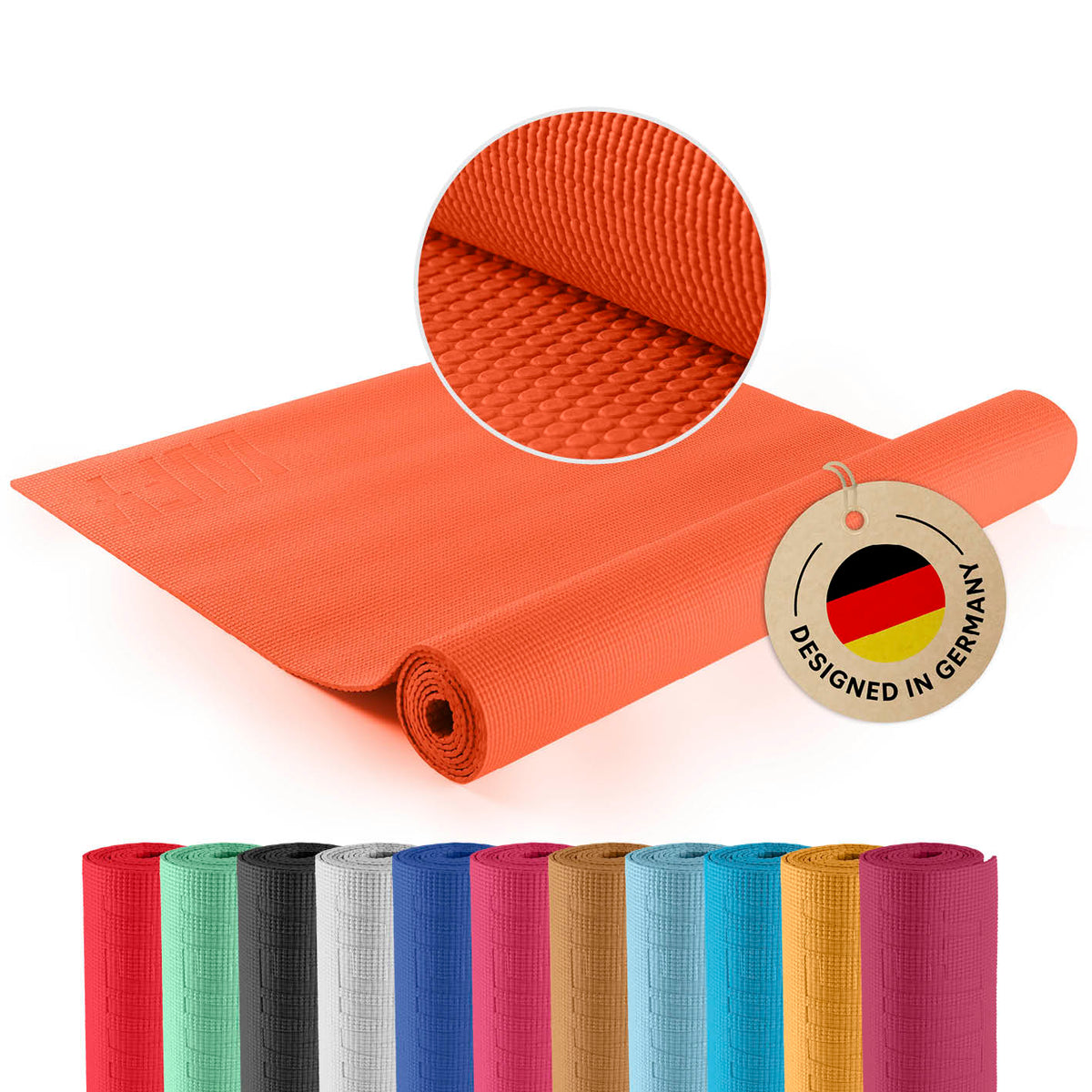 Yogamatte Kirana - 183 x 61 x 0,4 cm - Orange mit weicher Oberfläche, rutschfest, langlebig und leicht zu reinigen, vielseitig für Training geeignet.