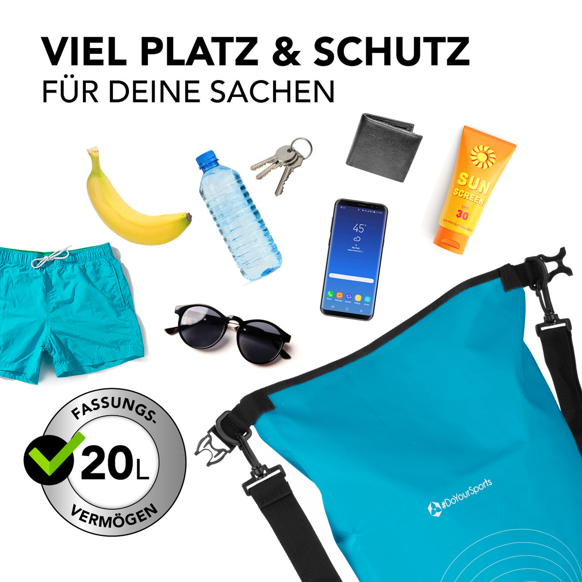 Dry Bag 20L - Himmelblau, wasserdichter, robuster Rucksack mit 20L Fassungsvermögen, ideal für Outdoor-Abenteuer und sicheren Schutz.