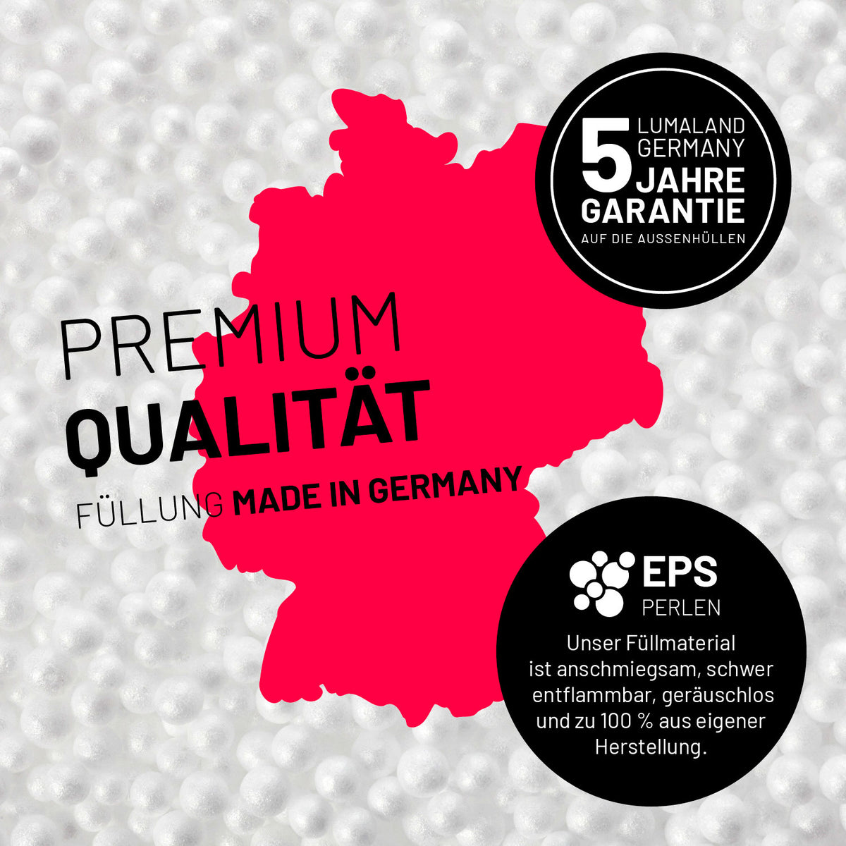 Luxury XL PLUS Sitzsack (220 L) - hochwertige EPS-Füllung aus Deutschland, geruchsneutral, formstabil, mit 5 Jahre Garantie.