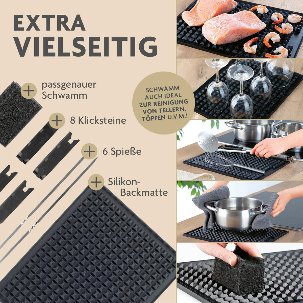Starter Set Deluxe Silikon-Backmatte mit 6 Spießen, 8 Steinen und Schwamm für vielseitiges Kochen und Reinigen.