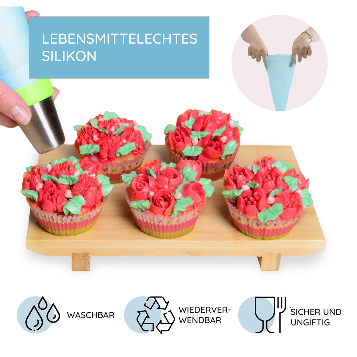 Spritztüllen-Set - 29-teilig mit lebensmittelechtem Silikon, waschbar, wiederverwendbar und sicher für das Verzieren von Cupcakes.
