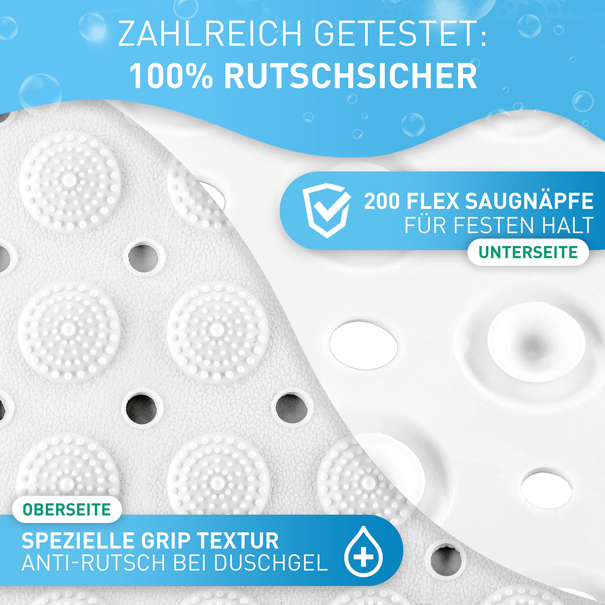 Badewannenmatte - Weiß - 100 x 40 cm mit spezieller Grip-Textur und 200 Flex Saugnäpfen für rutschfesten Halt und Sicherheit beim Duschen.