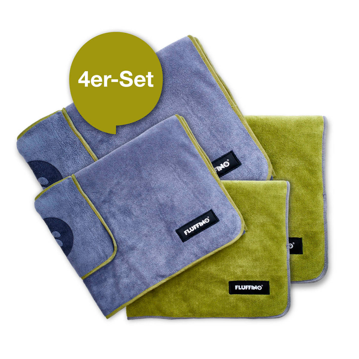 Hundehandtuch Mikrofaser – 4er-Pack Grau & Grün, extra saugfähig, schnell trocknend, mit Handtaschen für kleine und mittelgroße Hunde.
