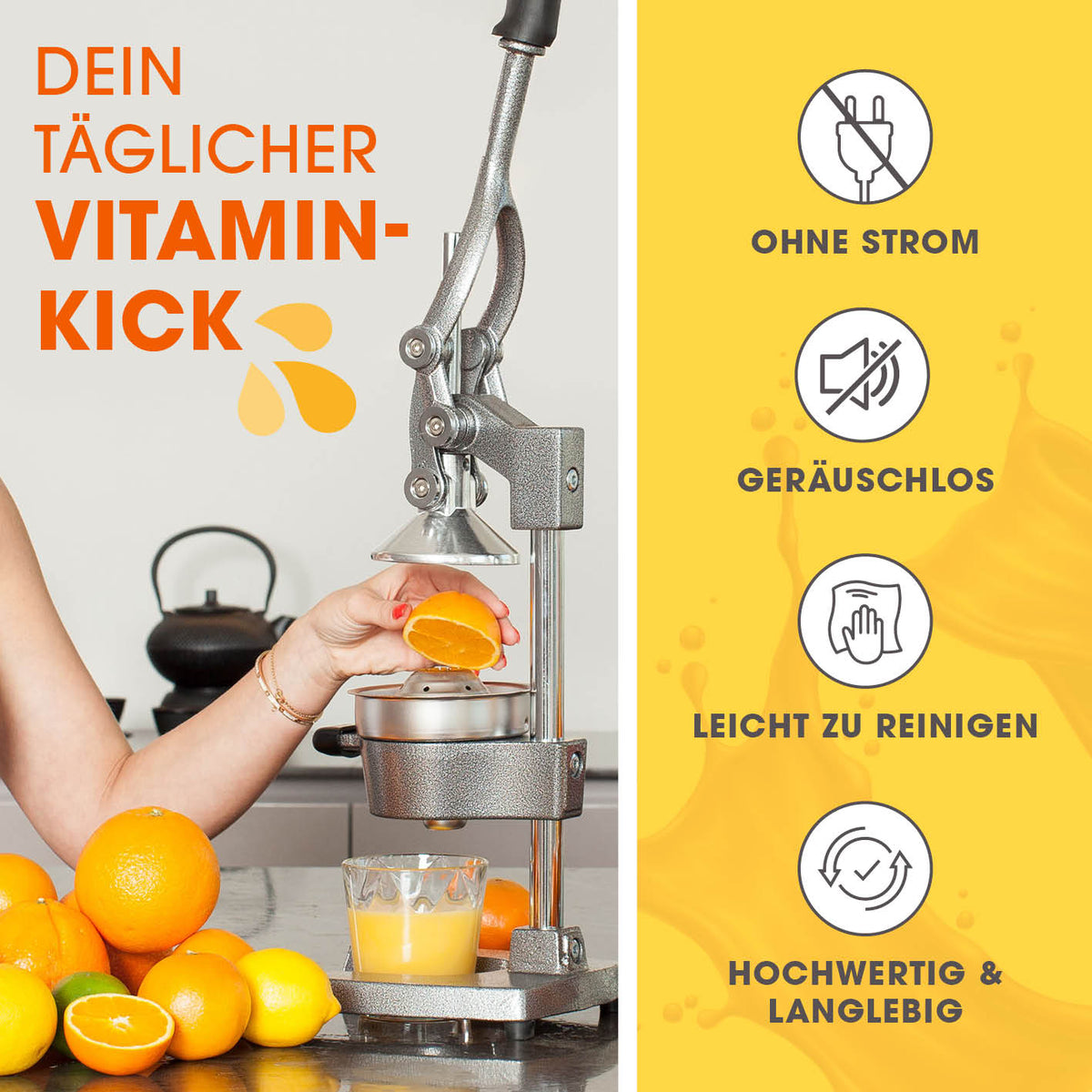 Manuelle Saftpresse - Silber mit kraftvoller Hebelwirkung, geräuschlos, stromlos, leicht zu reinigen, ideal für Zitronen und Orangen.