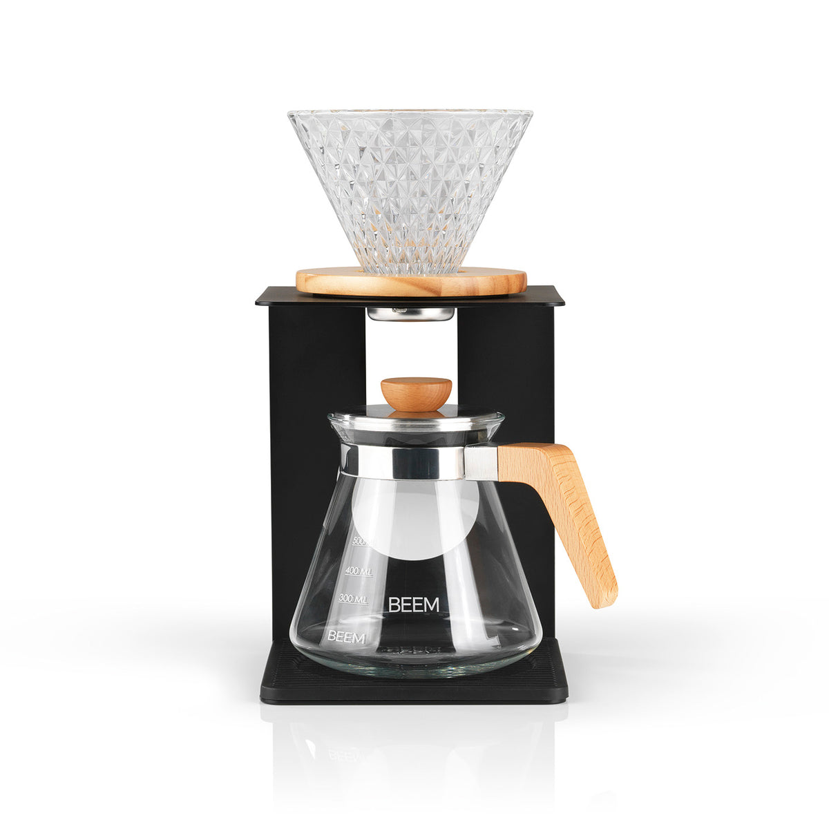 Kaffeebereiter Set Pour Over - 4-tlg. - 600 ml - schwarz/Edelstahl mit Glasfilter und Holzdetails für manuelle Kaffeebrühkunst.