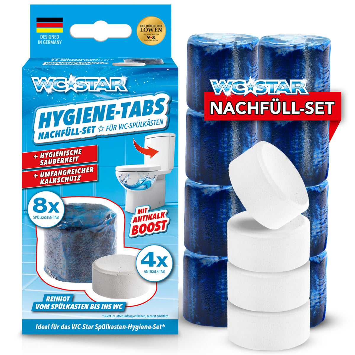 WC-Star Spülkasten-Hygiene-Set Nachfüll-Set mit Hygienesteinen und Antikalk-Tabs für langanhaltende Frische und Kalkschutz im WC-Spülkasten.