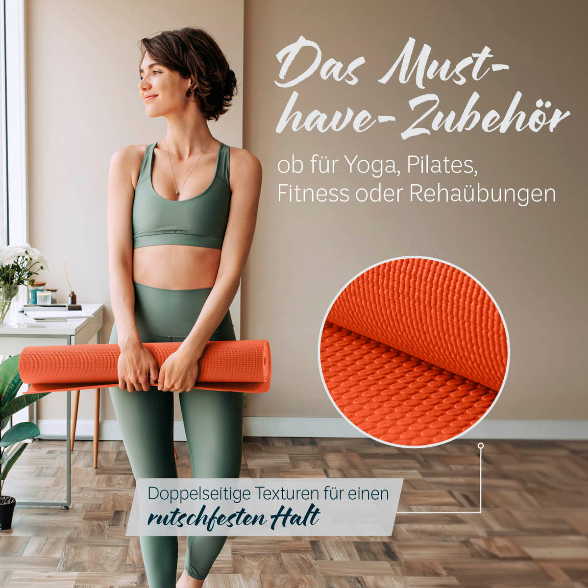 Frau hält orange Yogamatte Kirana - 183 x 61 x 0,4 cm - Orange mit rutschfester, weicher Oberfläche für Yoga und Pilates.