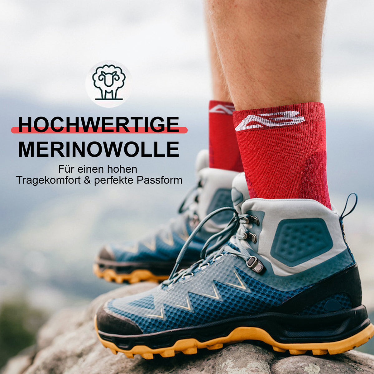 Wandersocken Merino Wolle - 2er-Set - Rot - Größe 39-42 mit hochwertiger Merinowolle für Komfort und perfekte Passform beim Wandern.