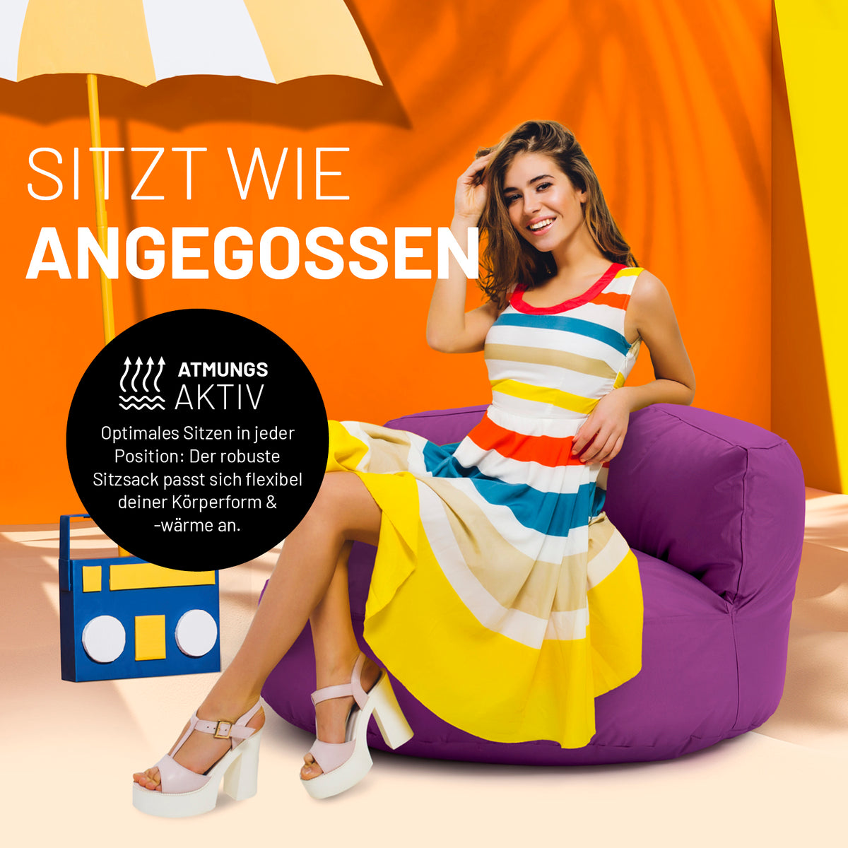 Sitzsack Lounge (320 L) in Lila, komfortabel und flexibel, ideal für indoor & outdoor, mit langlebigen Nähten und hochwertiger EPS-Füllung.