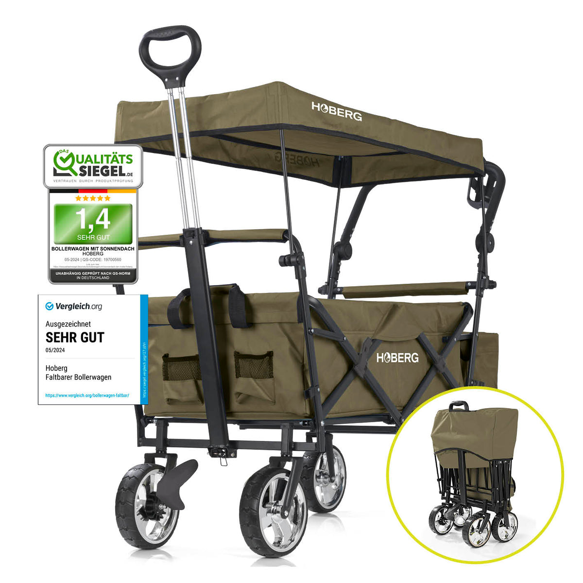 Faltbarer Bollerwagen - Beige mit wasserfestem Dach, stabiler Konstruktion und praktischem Klappmechanismus von HOBERG.