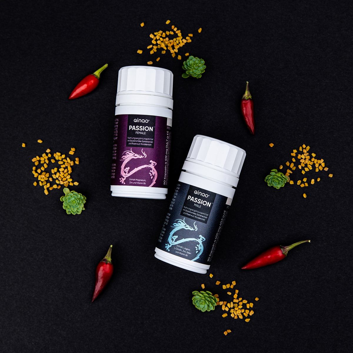 Nahrungsergänzungsmittel PASSION MALE – 90 Kapseln mit Bockshornklee, Rosenwurz, Chili, Magnesium, Zink, Vitamin B6, vegan, zuckerfrei.