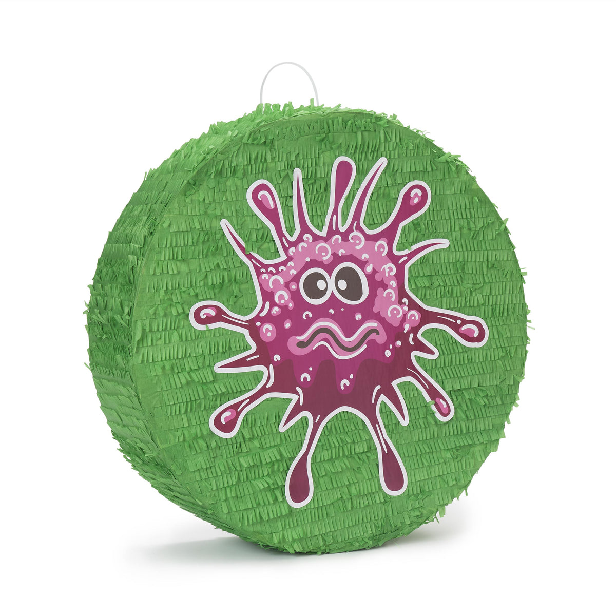 Pinata Set zum Befüllen inkl. Schläger & Augenbinde "Beat The Virus" mit grünem Virus-Design für Kindergeburtstagspartys.