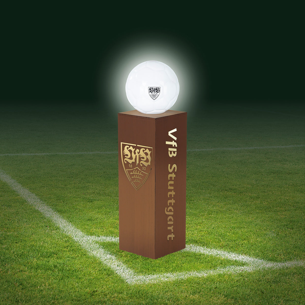 LED-Dekosäule Rost-Optik mit Leuchtkugel - 84 cm - braun, metallische Säule mit Fußball-LED und VfB Stuttgart Logo, akkubetrieben, Outdoor geeignet.