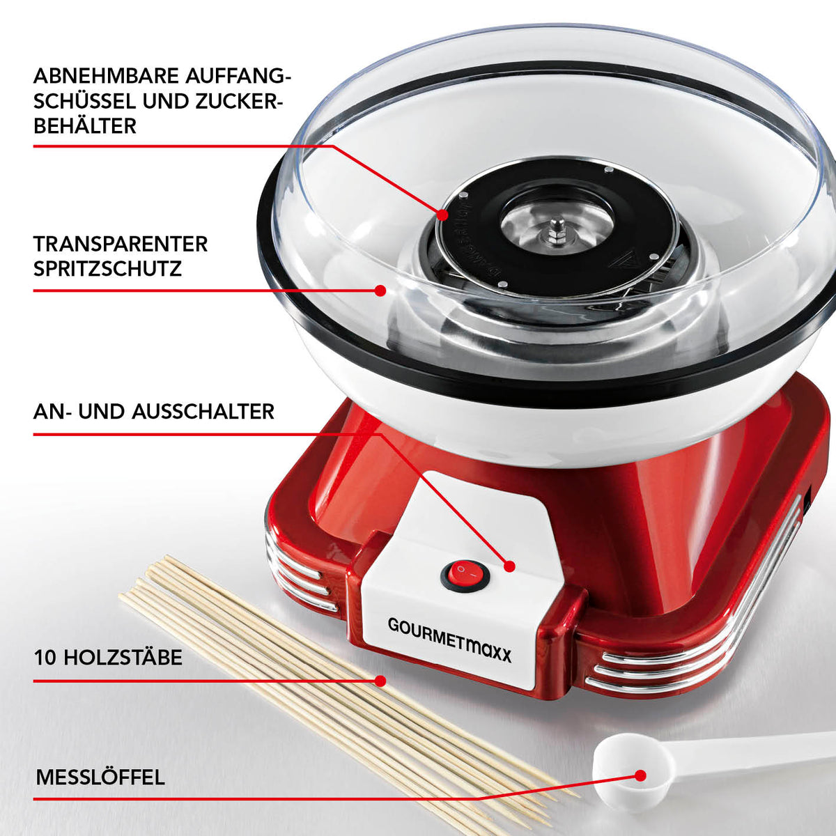 Zuckerwatte-Maschine - rot/weiß mit abnehmbarem Auffangbehälter, transparentem Spritzschutz und 10 Holzstäben im Retro-Design.