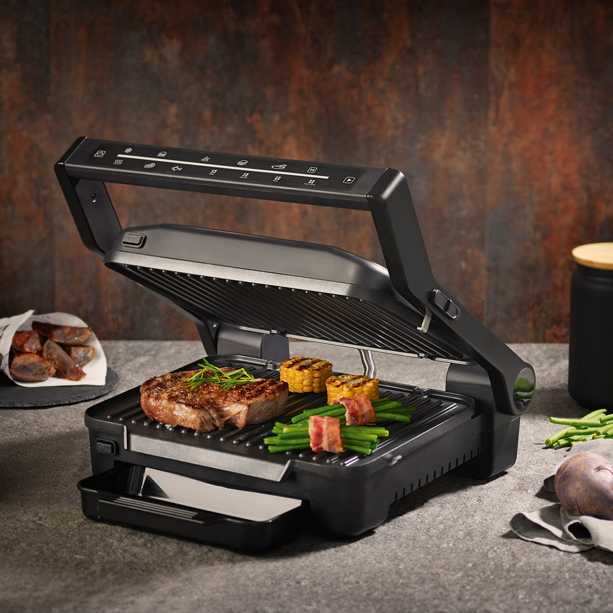 Digital-Kontakt-Grill Midnight Edition mit 2000W, Touch-Display und 6 Grillprogrammen, große antihaftbeschichtete Grillfläche, leicht zu reinigen.