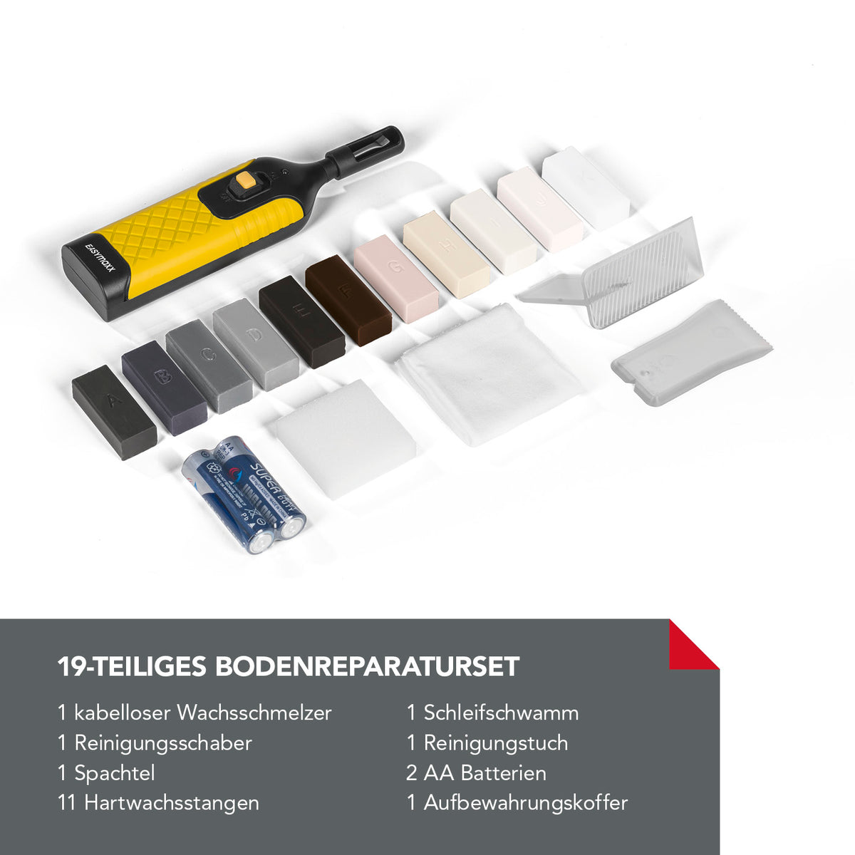 PVC- & Vinyl-Reparaturset - 19-tlg. mit kabellosem Wachsschmelzer, 11 Wachsfarben, Reinigungszubehör und Batterien für Kunststoffoberflächen.