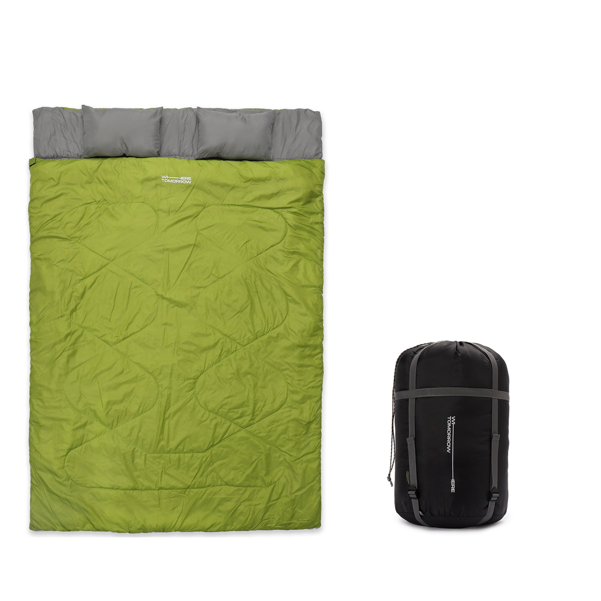 Doppelschlafsack mit Tragetasche - 2-Personen Schlafsack 190 x 150 cm in Dunkelgrün mit wasserabweisendem Material und Kissenfach.