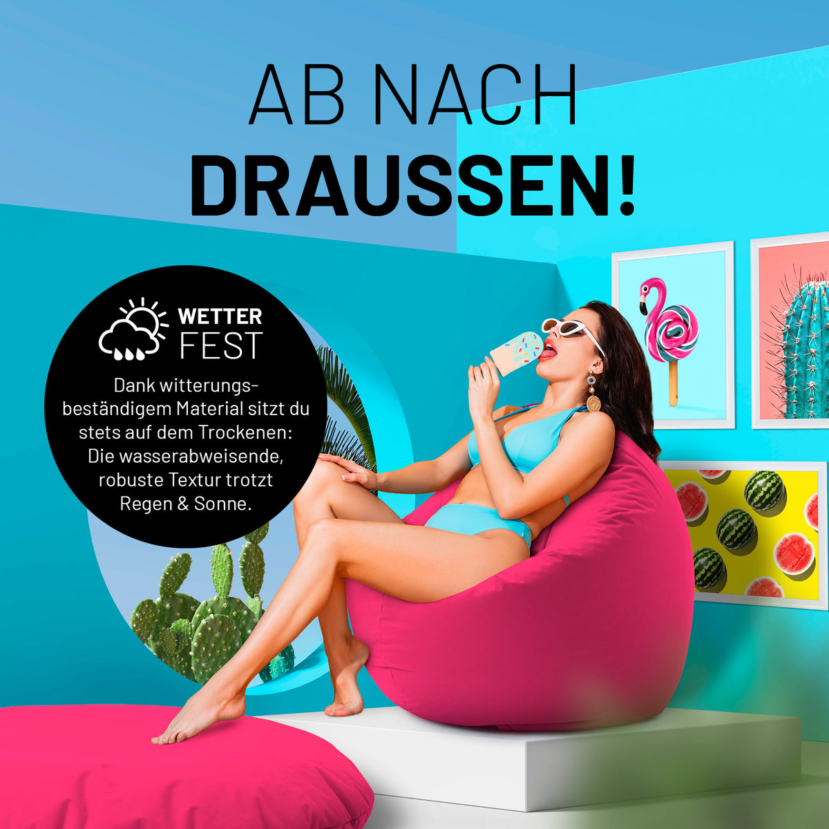 Sitzsack Drops (300 L) - pinker, wetterfester Indoor- und Outdoor-Sitzsack mit wasserabweisendem, pflegeleichtem Material.