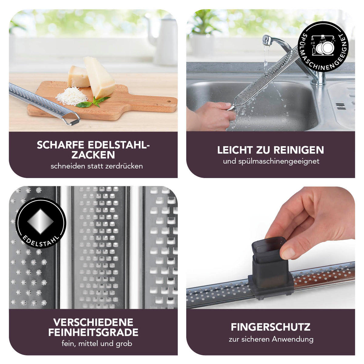 Zester Reibe - 2er-Set mit scharfen Edelstahlzacken, verschiedenen Feinheitsgraden, Fingerschutz und spülmaschinengeeignet.