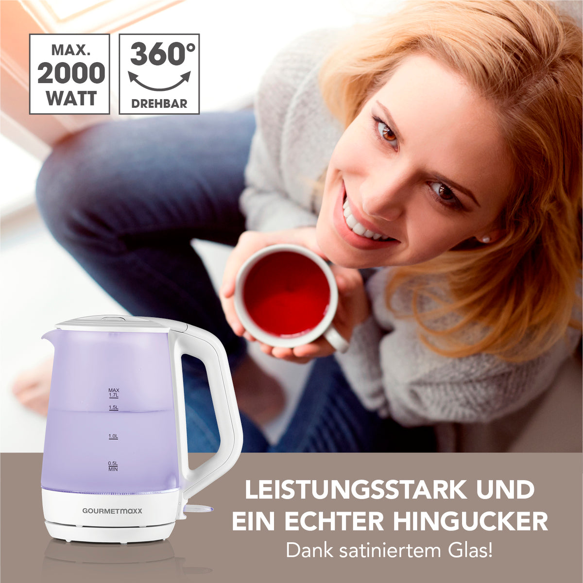 Glas-Wasserkocher mit Frostglas-Design - 1,7 Liter, 2000 Watt, kabellos, 360° drehbar, mit Wasserstandsanzeige und blauer LED-Beleuchtung.