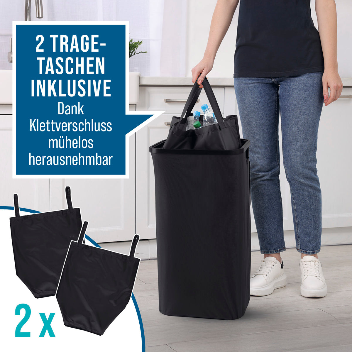 Pfandflaschen-Sammelbehälter - Schwarz mit 2 herausnehmbaren Tragetaschen und Klettverschluss, wasserabweisend und praktisch.