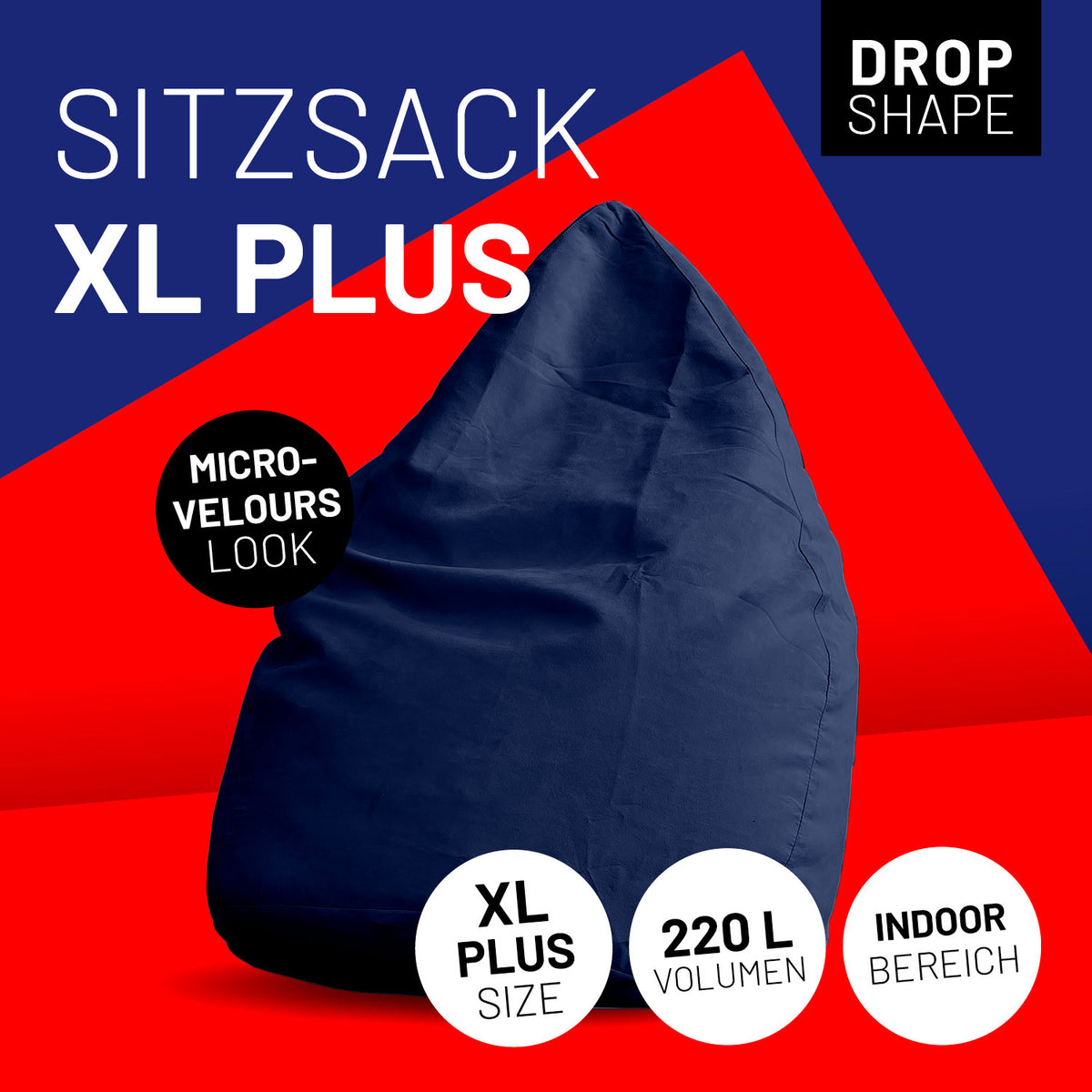 Luxury XL PLUS Sitzsack (220 L) dunkeblau mit Micro-Velours Look, indoor, ergonomisch und komfortabel für jede Sitzposition.