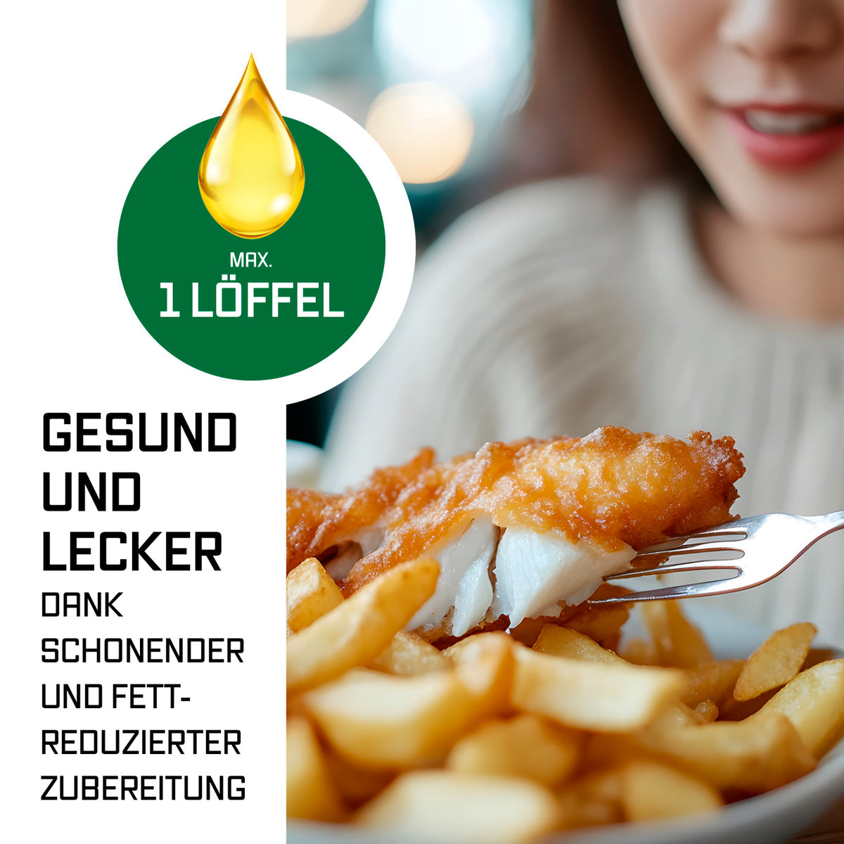 FryUp Vertikale Doppelkammer-Heißluftfritteuse - Weiß, gesunde fettarme Zubereitung mit max. 1 Löffel Öl für knusprige Pommes und Fisch.