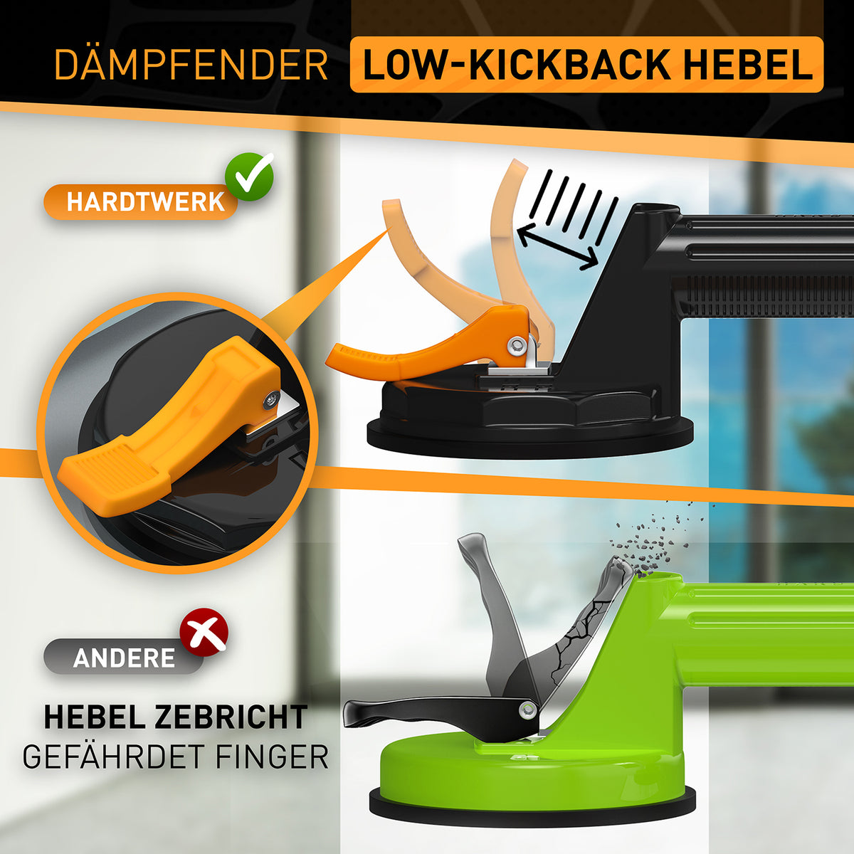Multifunktionaler Saugheber - 2er Set mit dämpfendem Low-Kickback Hebel für sichere Handhabung und stabilen Halt bei bis zu 120 KG.