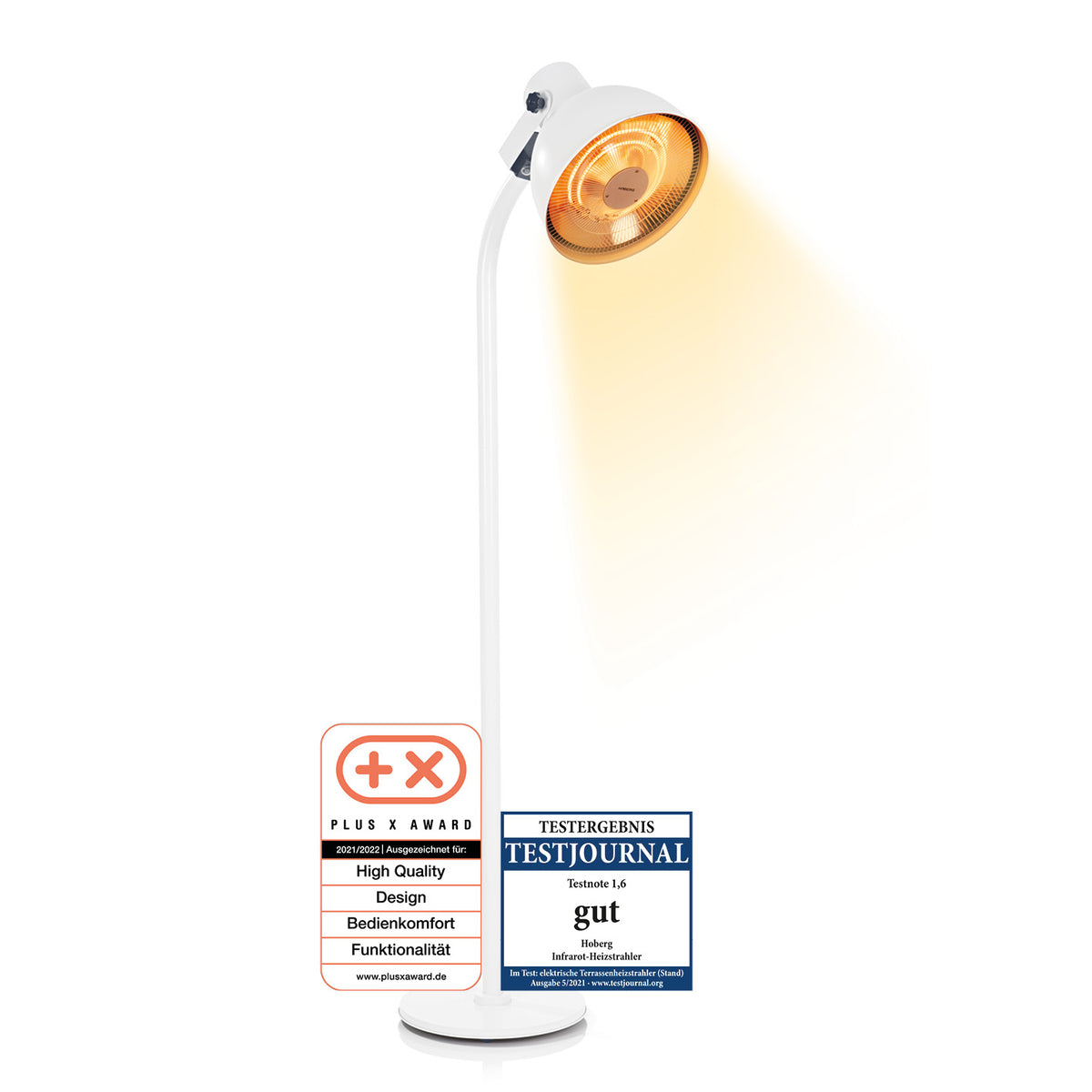 Infrarot-Heizstrahler mit Standfuß, Carbon-Heizelement, 3 Heizstufen, Fernbedienung, verstellbarer Lampenkopf, für innen und außen.