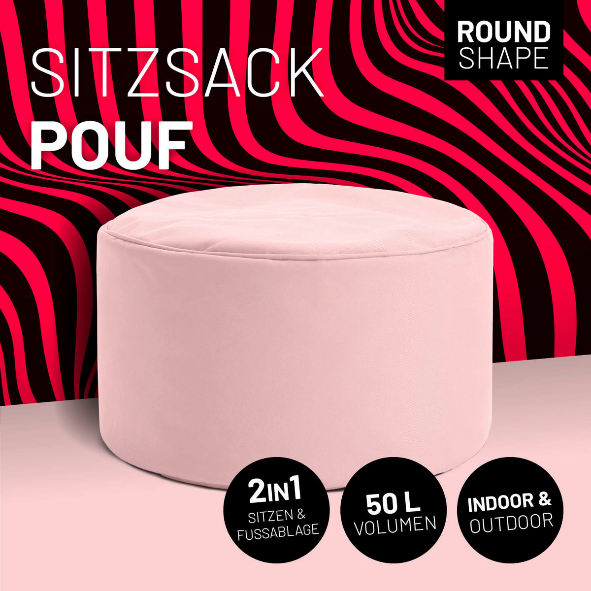 Sitzsack-Hocker/Pouf (50 L) - indoor & outdoor - Pastell Pink, multifunktional als Sitzhocker und Fußschemel nutzbar.