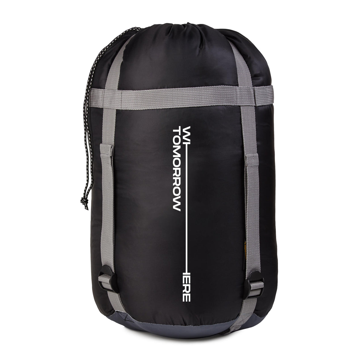 Camping Schlafsack Classic - Mumienschlafsack mit Tasche in Grau-Schwarz, kompakt verpackt im praktischen Packsack.