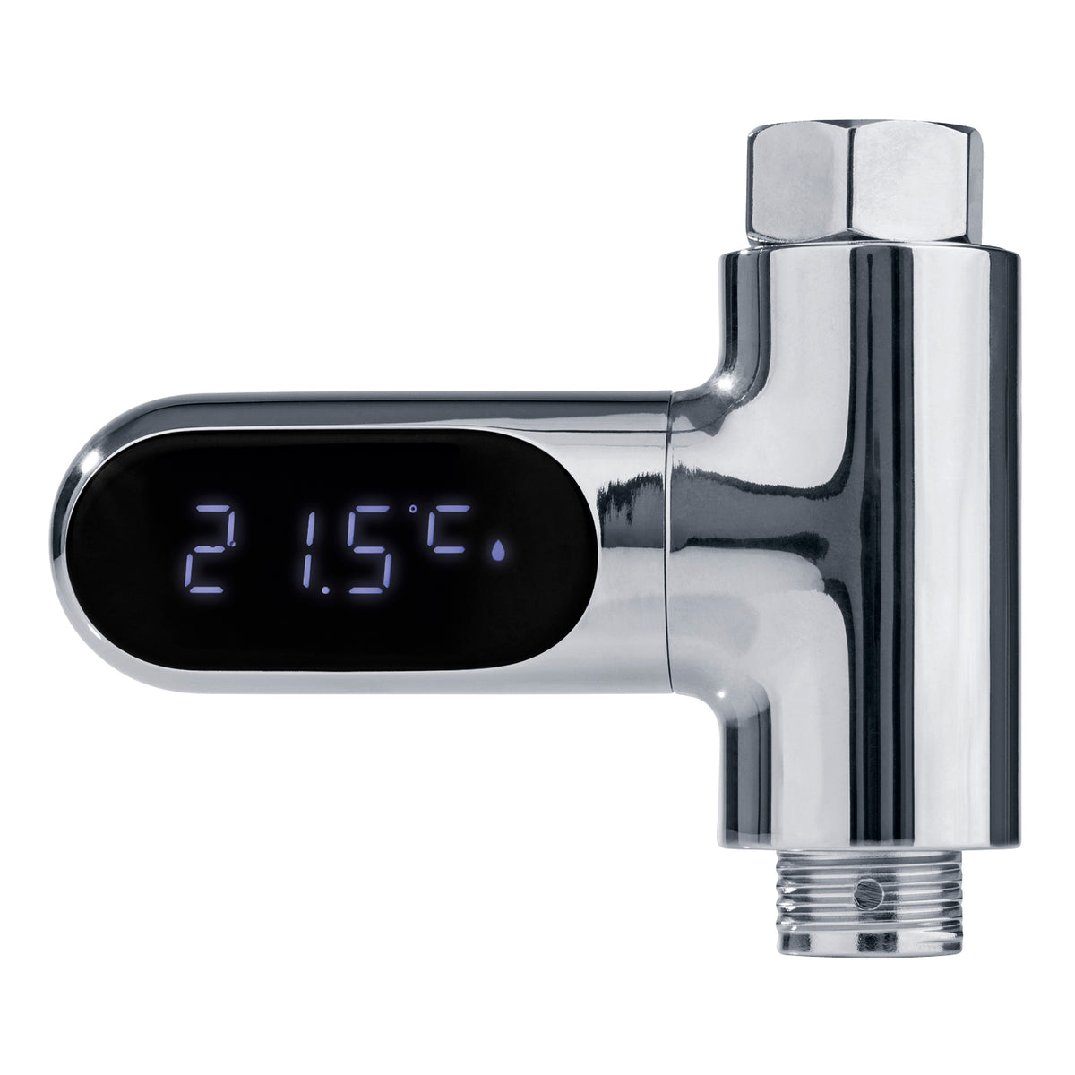 Thermometer für Wasserarmaturen - chromfarben mit LED-Temperaturanzeige und einfacher Montage für genaue Wassertemperaturmessung.