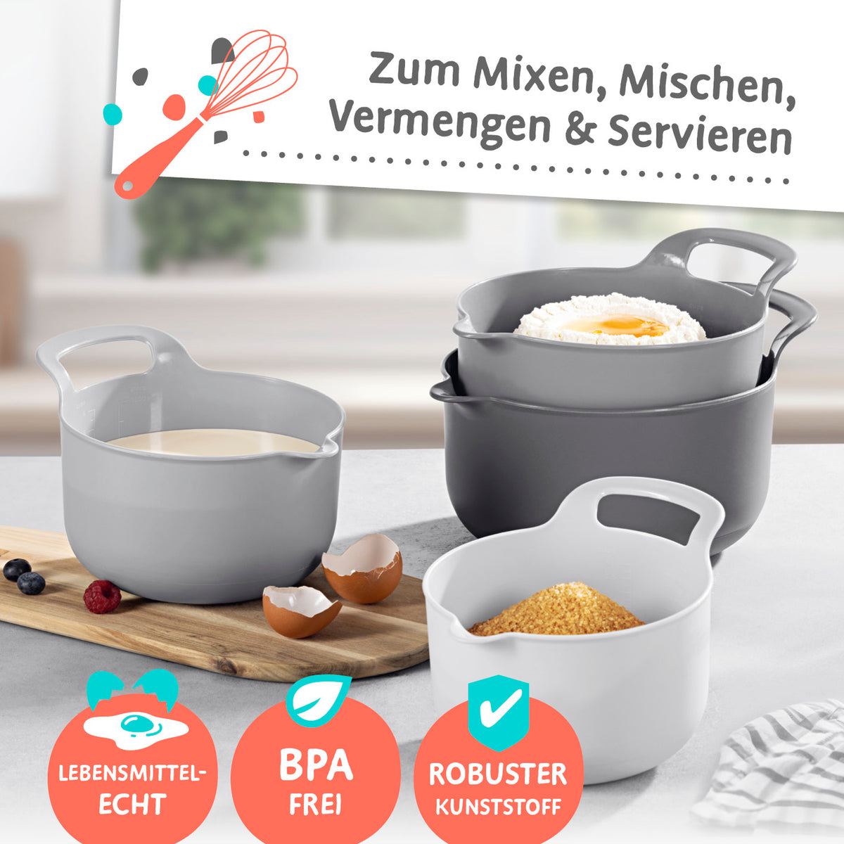 Schüssel-Set 4-tlg. in Grautönen, stapelbar, mit Ausgießer, rutschfestem Boden, ideal zum Mixen, Mischen, Servieren und Backen.