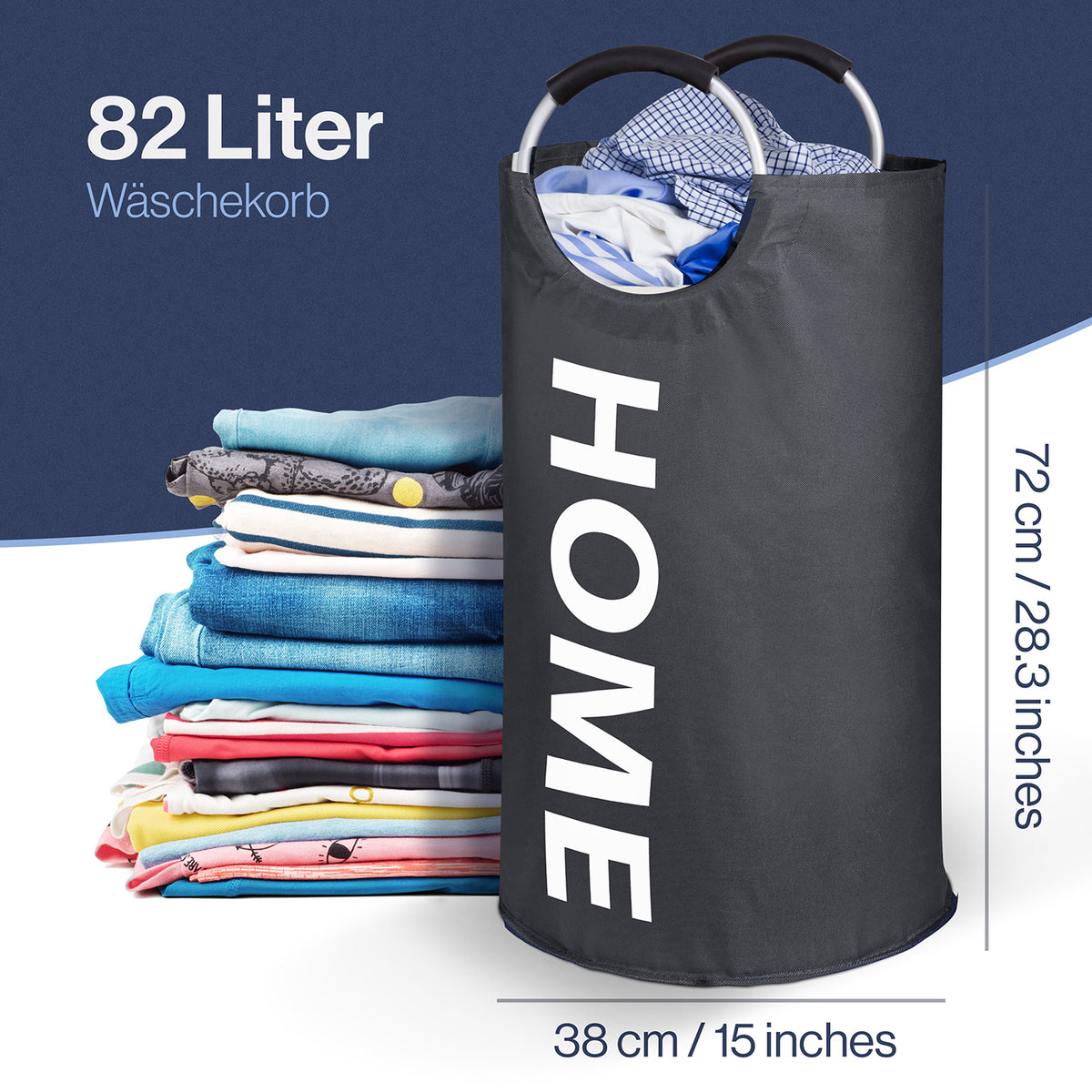 Faltbarer Wäschekorb - Grau - 82 Liter, großer faltbarer Wäschesammler mit Griffen aus wasserabweisendem Polyester, 72 cm hoch, 38 cm breit.