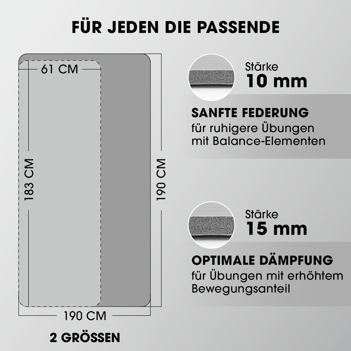 Fitness- und Gymnastikmatte - 183 x 61 x 1 cm - Grau mit 10 mm Federung und 15 mm Dämpfung für verschiedene Übungen.